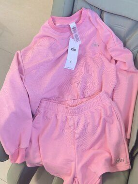 ALO Pink Sweatshirt & Shorts Set — Size M